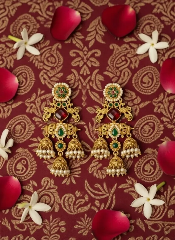 Sulekha_Jhumki_Earrings_Gold_&_Red_&_Green_Alloy_With_Plating
