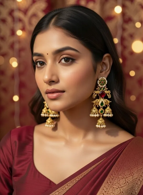 Sulekha_Jhumki_Earrings_Gold_&_Red_&_Green_Alloy_With_Plating