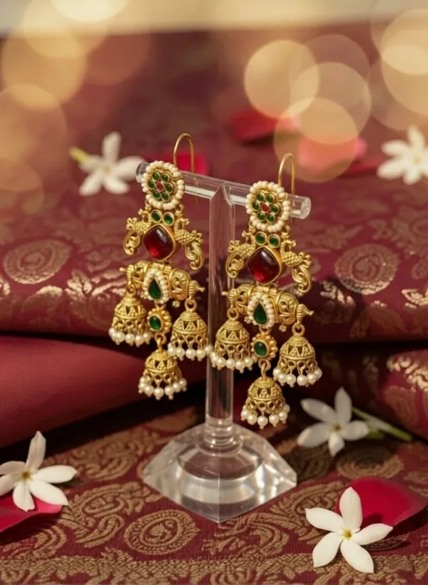 Sulekha_Jhumki_Earrings_Gold_&_Red_&_Green_Alloy_With_Plating
