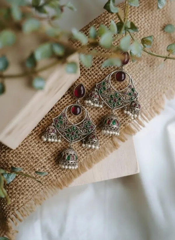 Triveni_Jhumki_Earrings_Green_&_Red_Alloy_With_Plating