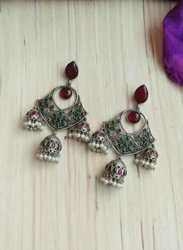 Triveni_Jhumki_Earrings_Green_&_Red_Alloy_With_Plating