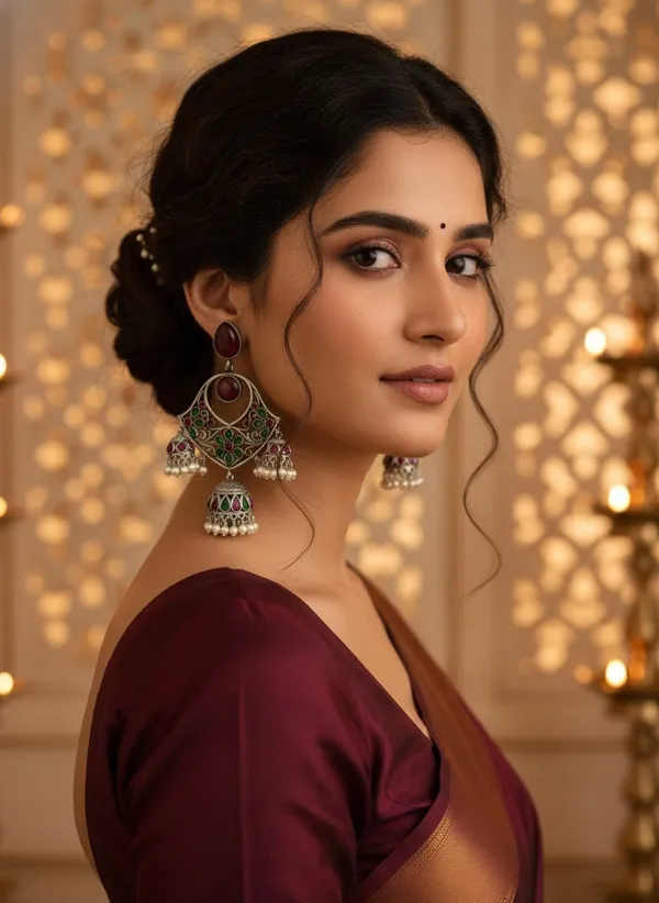 Triveni_Jhumki_Earrings_Green_&_Red_Alloy_With_Plating