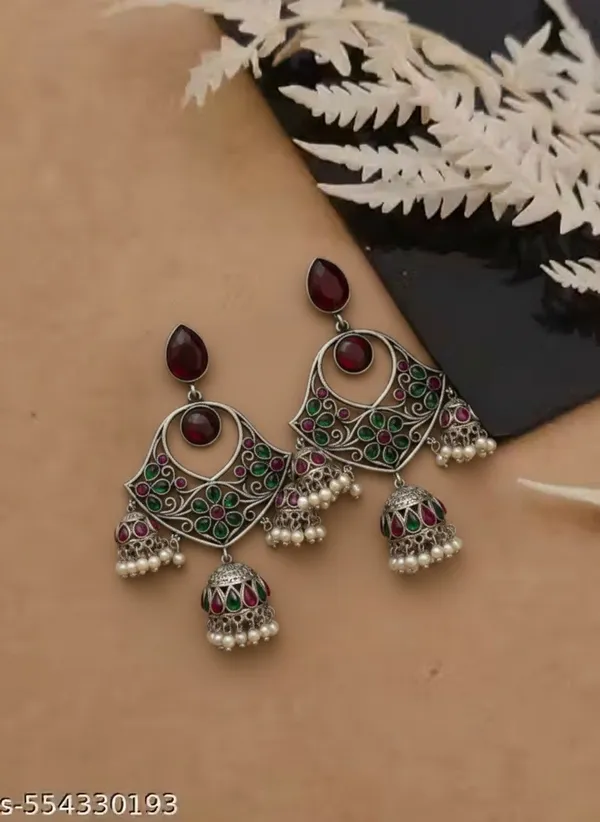 Triveni_Jhumki_Earrings_Green_&_Red_Alloy_With_Plating