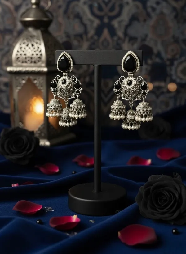Shivangi_Traditional_Earrings_Black_And_Silver_Alloy_With_Plating