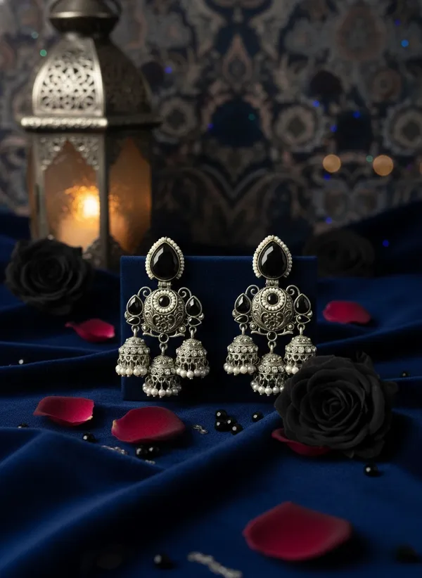 Shivangi_Traditional_Earrings_Black_And_Silver_Alloy_With_Plating