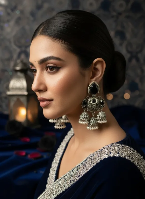 Shivangi_Traditional_Earrings_Black_And_Silver_Alloy_With_Plating