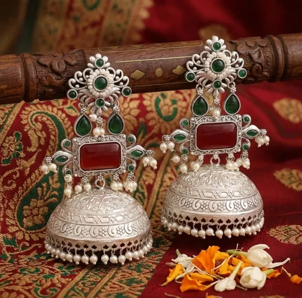 Yashodhara_Jhumki_Earrings_Silver_And_Red_&_Green_Alloy_With_Plating