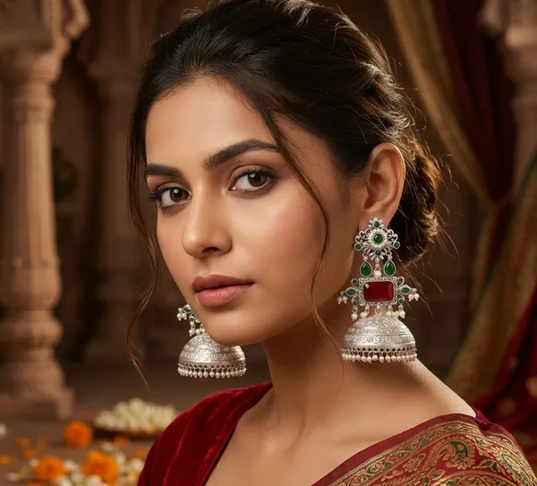 Yashodhara_Jhumki_Earrings_Silver_And_Red_&_Green_Alloy_With_Plating