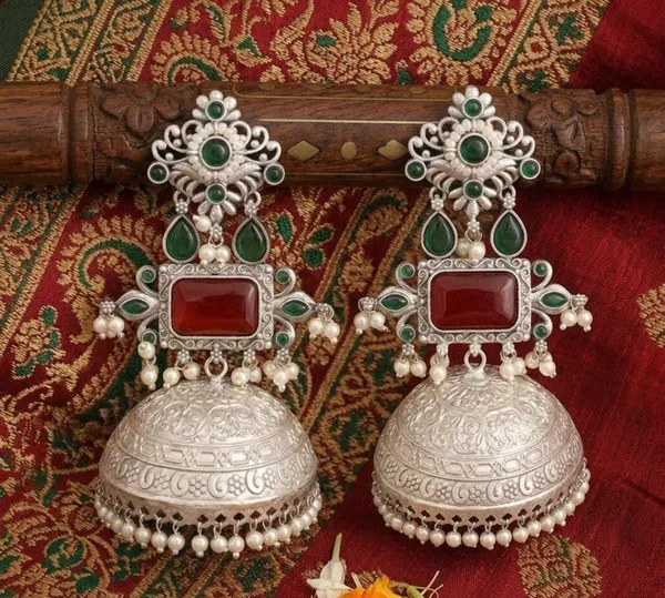 Yashodhara_Jhumki_Earrings_Silver_And_Red_&_Green_Alloy_With_Plating