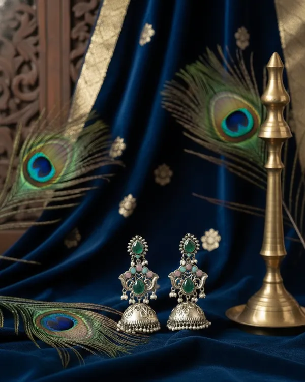 Nilima_Long_Jhumka_Earrings_Silver_And_Green_&_Pink_Alloy_With_Plating