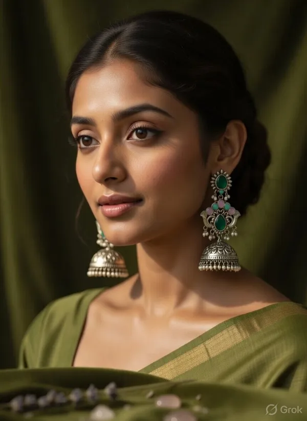Nilima_Long_Jhumka_Earrings_Silver_And_Green_&_Pink_Alloy_With_Plating