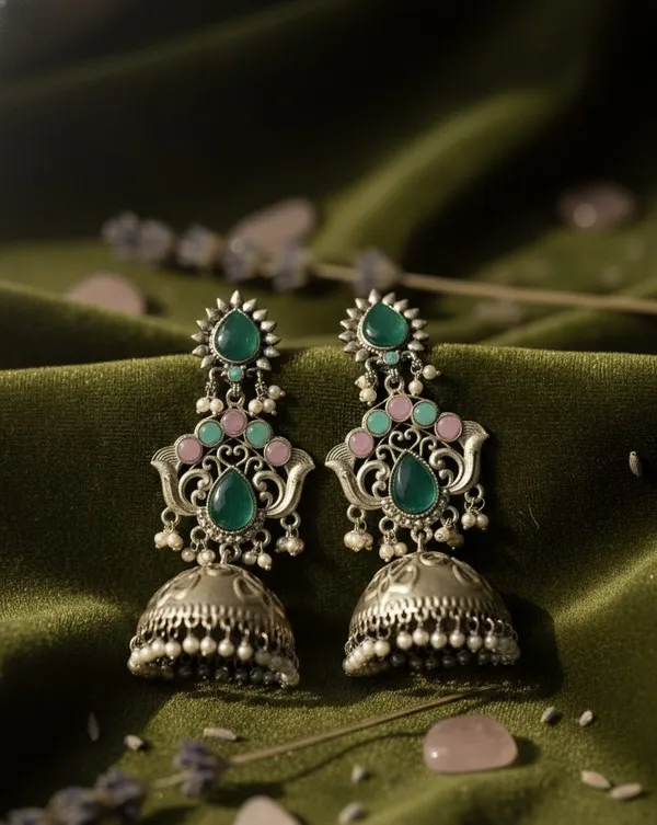 Nilima_Long_Jhumka_Earrings_Silver_And_Green_&_Pink_Alloy_With_Plating
