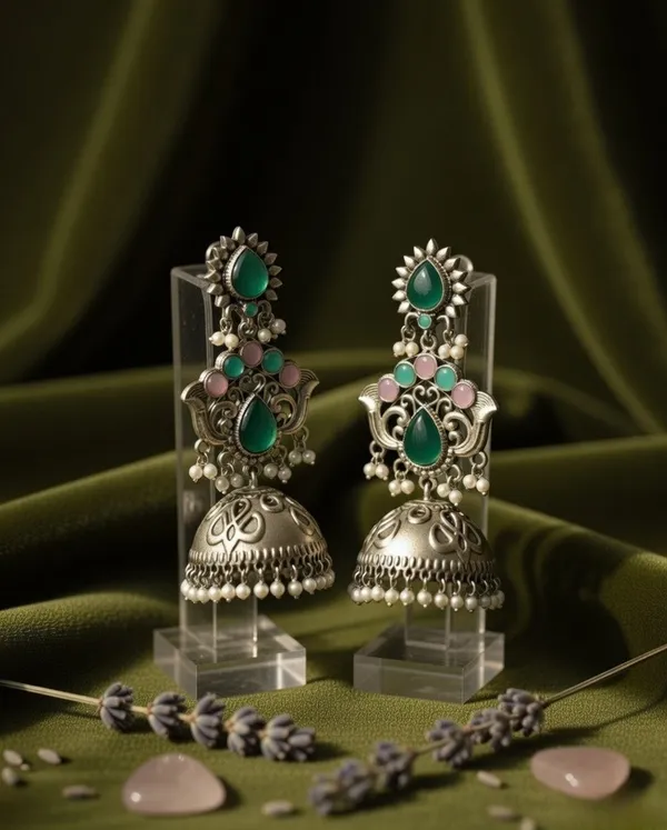 Nilima_Long_Jhumka_Earrings_Silver_And_Green_&_Pink_Alloy_With_Plating