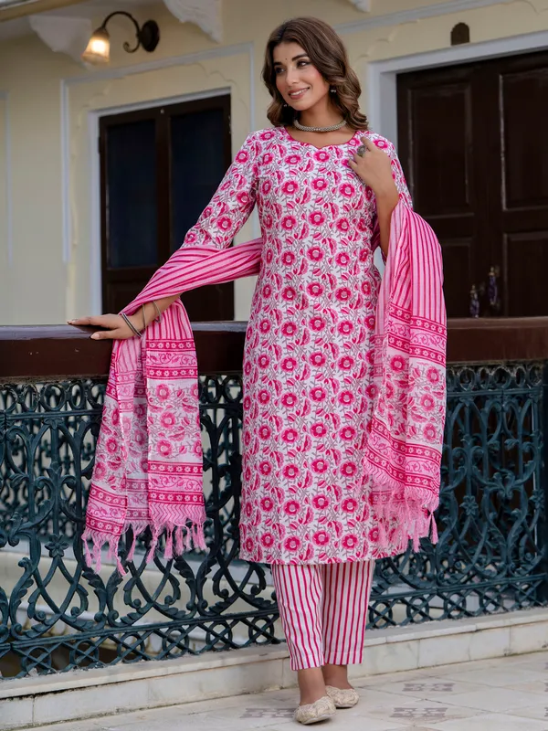 Pink_Floral_Printed_Cotton_Kurta_Set_With_Striped_Pants_And_Dupatta_For_Women
