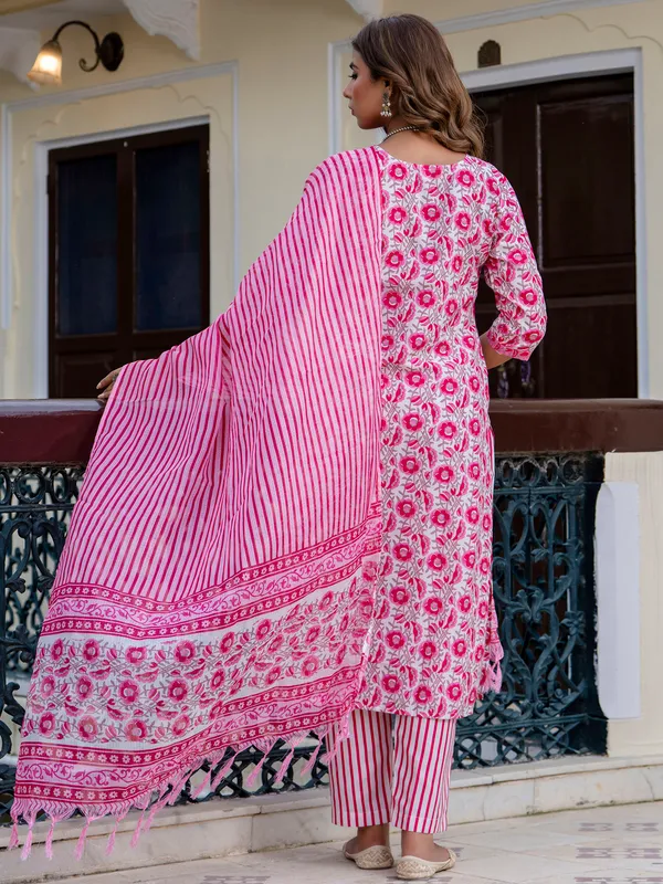 Pink_Floral_Printed_Cotton_Kurta_Set_With_Striped_Pants_And_Dupatta_For_Women