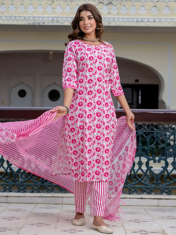 Pink_Floral_Printed_Cotton_Kurta_Set_With_Striped_Pants_And_Dupatta_For_Women