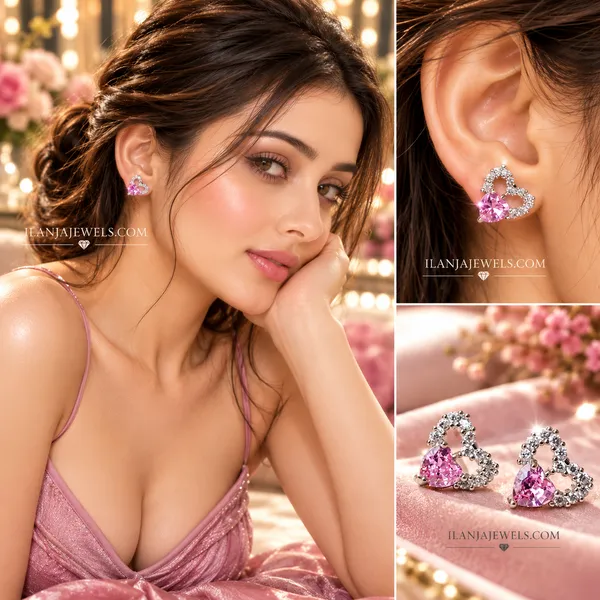 Ilanja_Pink_Crystal_Heart_Stud_Earrings_With_Silver_Accents|ANTITARNISH_|WATERPROOF|MODERN_STYLE