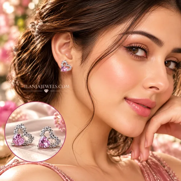 Ilanja_Pink_Crystal_Heart_Stud_Earrings_With_Silver_Accents|ANTITARNISH_|WATERPROOF|MODERN_STYLE