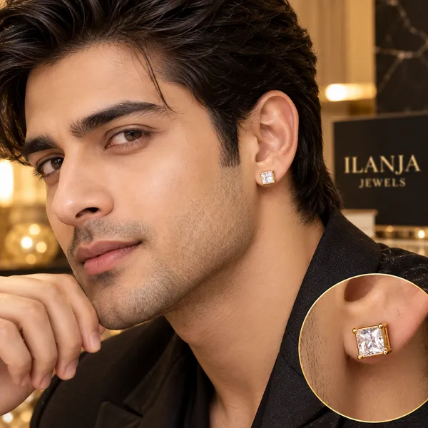 ILANJA_Luxe_Square_Solitaire_MENS_STUDS_|ANTITARNISH_|GOLD_PLATED_|WATERPROOF|