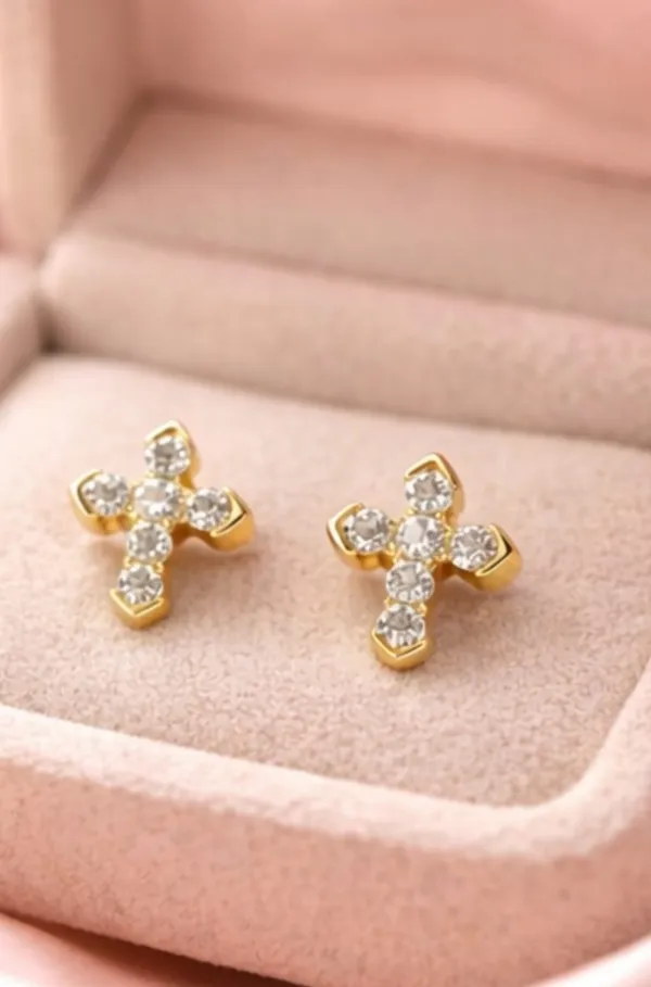 Gold_Cross_Embellished_Magenta_Stud_Earrings_for_Women