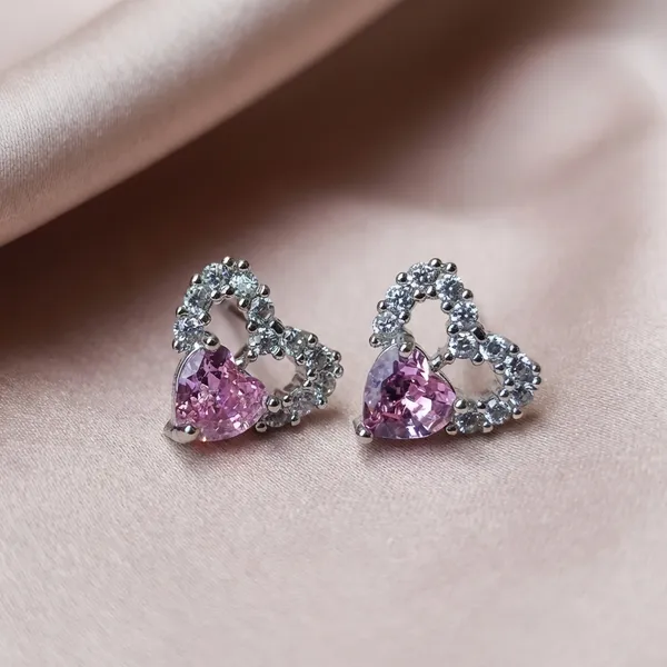 Ilanja_Pink_Crystal_Heart_Stud_Earrings_With_Silver_Accents|ANTITARNISH_|WATERPROOF|MODERN_STYLE