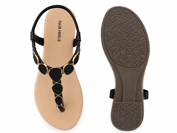 PAIR_HEELS_Women_Black_Flat_Sandals_with_Gold-Tone_Embellishments