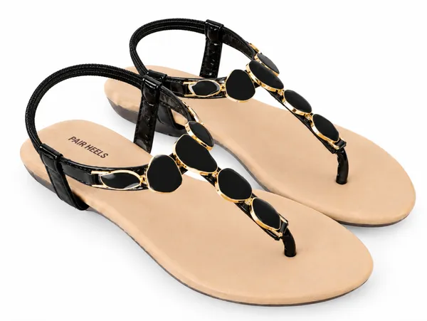 PAIR_HEELS_Women_Black_Flat_Sandals_with_Gold-Tone_Embellishments
