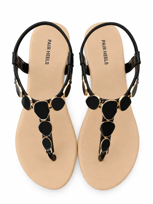 PAIR_HEELS_Women_Black_Flat_Sandals_with_Gold-Tone_Embellishments
