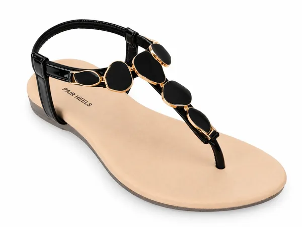 PAIR_HEELS_Women_Black_Flat_Sandals_with_Gold-Tone_Embellishments