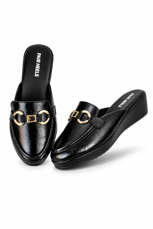 PAIR_HEELS_LUX_Black_WEDGE_MULES_for_Women_�_Comfortable_Elegant_Party_&_Casual_Wear