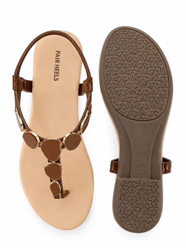 PAIR_HEELS_Women_Brown_Flat_Sandals_with_Gold-Tone_Embellishments