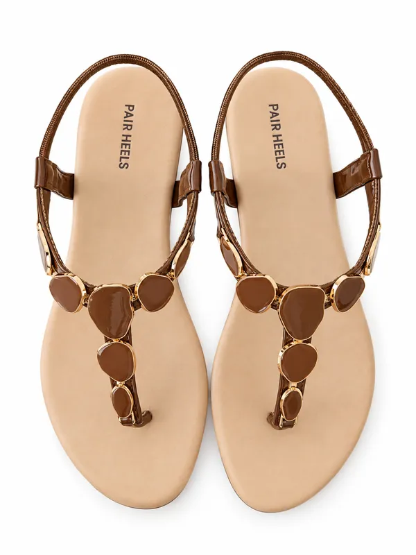 PAIR_HEELS_Women_Brown_Flat_Sandals_with_Gold-Tone_Embellishments