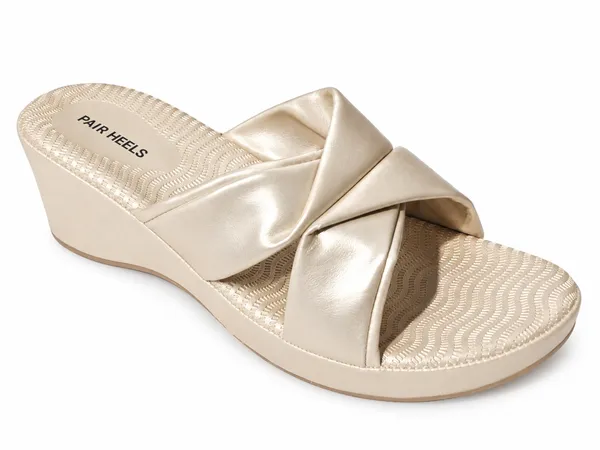 PAIR_HEELS_Women_PARTY_GOLD_Crisscross_Comfort_Wedge_Sliders