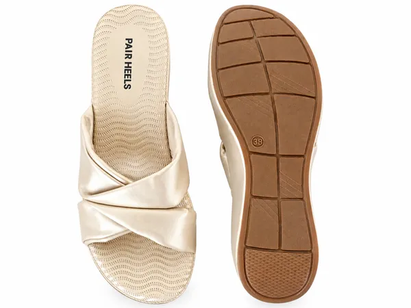 PAIR_HEELS_Women_PARTY_GOLD_Crisscross_Comfort_Wedge_Sliders