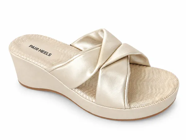 PAIR_HEELS_Women_PARTY_GOLD_Crisscross_Comfort_Wedge_Sliders