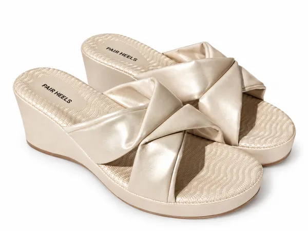 PAIR_HEELS_Women_PARTY_GOLD_Crisscross_Comfort_Wedge_Sliders