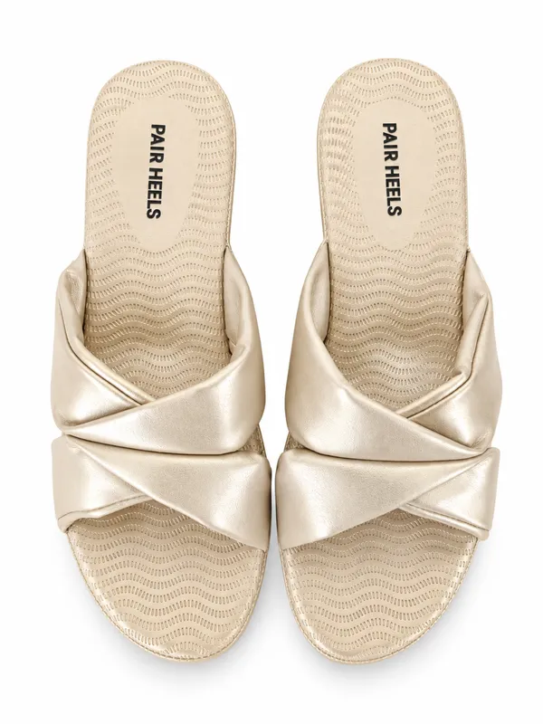 PAIR_HEELS_Women_PARTY_GOLD_Crisscross_Comfort_Wedge_Sliders