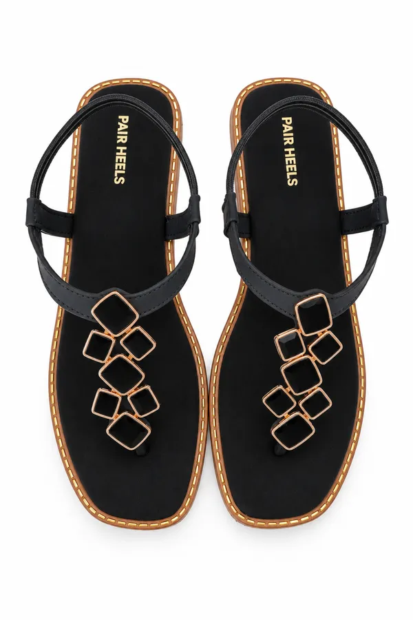 PAIR_HEELS_Women_Black_Flat_Sandals_with_Gold_Embellished_T-Strap