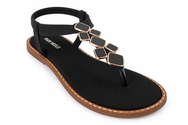 PAIR_HEELS_Women_Black_Flat_Sandals_with_Gold_Embellished_T-Strap