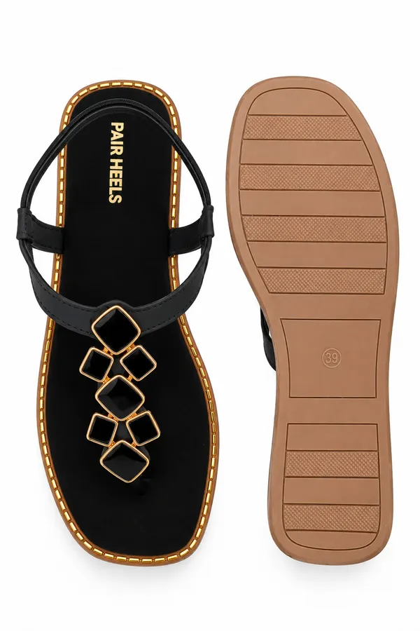 PAIR_HEELS_Women_Black_Flat_Sandals_with_Gold_Embellished_T-Strap