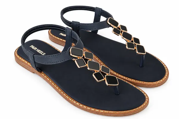 PAIR_HEELS_Women_Black_Flat_Sandals_with_Gold_Embellished_T-Strap
