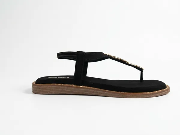 PAIR_HEELS_Women_Black_Flat_Sandals_with_Gold_Embellished_T-Strap