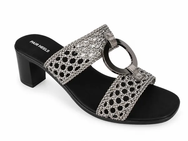 PAIR_HEELS_Women_Black_Metallic_Woven_Strap_Block_Heels