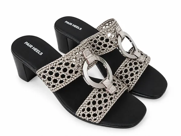 PAIR_HEELS_Women_Black_Metallic_Woven_Strap_Block_Heels