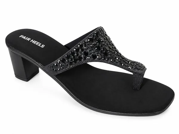 PAIR_HEELS_Women_Champagne_Black_Embellished_Block_Heels