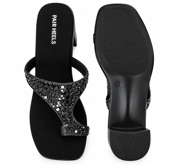 PAIR_HEELS_Women_Champagne_Black_Embellished_Block_Heels