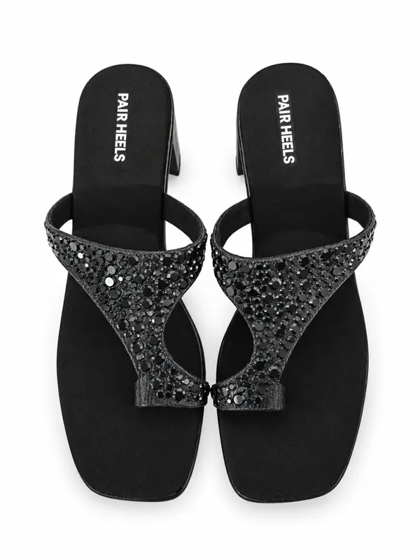 PAIR_HEELS_Women_Champagne_Black_Embellished_Block_Heels