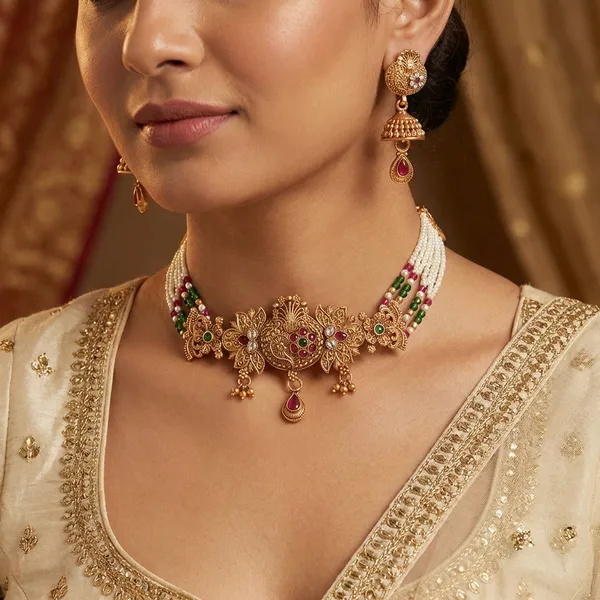 Gold_Base_Material_Alloy_Pearl_Choker_Set_For_Women