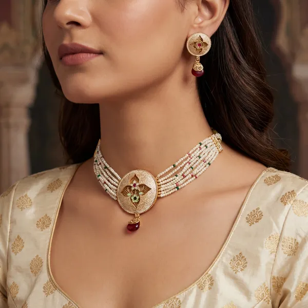 Gold_Base_Material_Alloy_Pearl_Choker_Set_For_Women