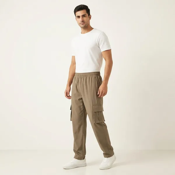 Beige_Terry_Lycra_Cargo_Pants_For_Men